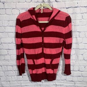 Aeropostale Women Y2K Henley Hooded Striped Long Sleeve Top Pink Maroon Sz M VTG